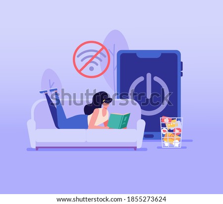 Woman lying on the sofa and reading a book. Concept of digital detox, disconnecting, mediastika, device free zone, internet addiction, no mobile phobia, phubbing. Vector illustration in flat design.