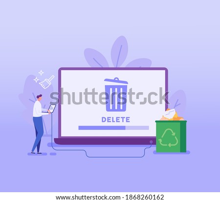 Man cleaning computer, pc, laptop with trash can sign. User removing folder with document to waste bin. Concept of delete file, cleaning computer, removing process. Flat vector illustration for UI