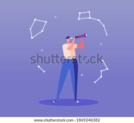 Man watching stars. Astronomer studying constellations with telescope. Astrophysicist looking stars. Concept of exploration, space research, astrological map. Vector illustration in flat design