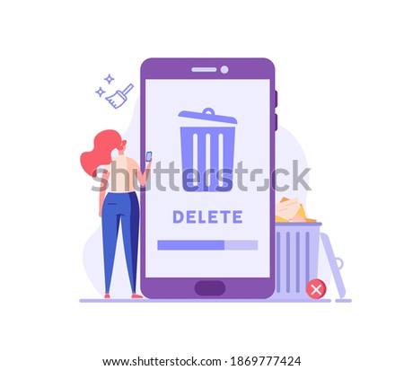 Woman cleaning phone, smartphone with trash can sign. User removing files or documents to waste bin. Concept of delete file, cleaning smartphone, removing process. Flat vector illustration for UI