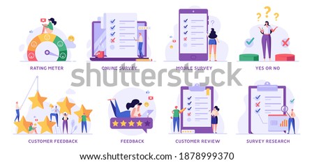 Survey Vector Illustration Set. People Giving Feedback, Choosing Answer, Making Decision and Research. Collection of Online Survey, Customer Review, Voting, Checklist, Client Feedback for Web Design