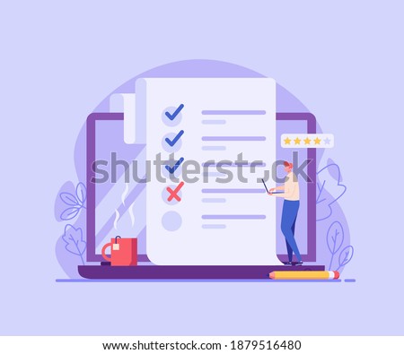 Online Survey. Man with Laptop Choosing Answer or Giving Feedback and Opinion in Survey Form. Concept of Client Feedback, Quality Test, Checklist, Customer Review. Vector illustration for Web Design