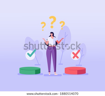 Yes or No Banner. Woman Choosing Correct Choice with Button. Girl Making Decision. Concept of Correct Answer, Decision Making, Social Media Poll Question. Vector illustration for Web Design