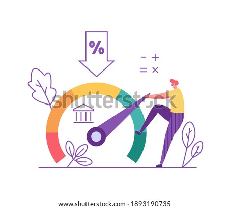Credit Score. Man Increasing Credit Rating for Low Rates. Interest Rates Dropping. Client Decrease Percent. Concept of Credit Report, Banking Service, Mortgage Loan. Vector illustration for Web Design