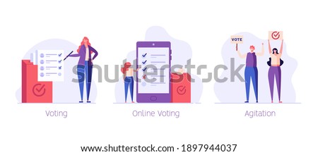 Online Voting and Election Campaign. People Voting with Vote Box and Calling for Vote. Concept of Election Day, Making Choice, Balloting Paper, Democracy. Vector illustration for Background
