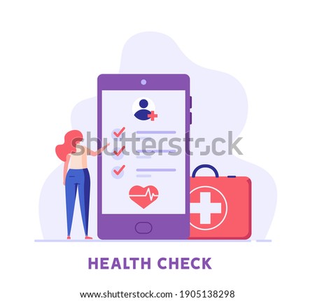 Health Check Up Concept Web Banner. Medical Doctor Examining or Checking Patient. Concept of Healthcare, Health Insurance, Medical Report. Vector illustration for Web Design