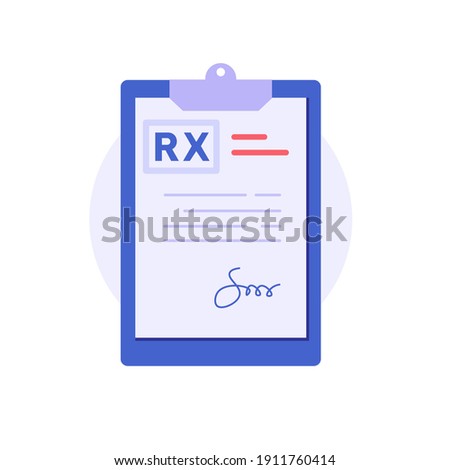 Doctor writes signature. Rx medical prescription. Concept of medicine and pharmacy, healthcare, online prescription, disease therapy pills, painkiller drugs. Vector illustration in flat design