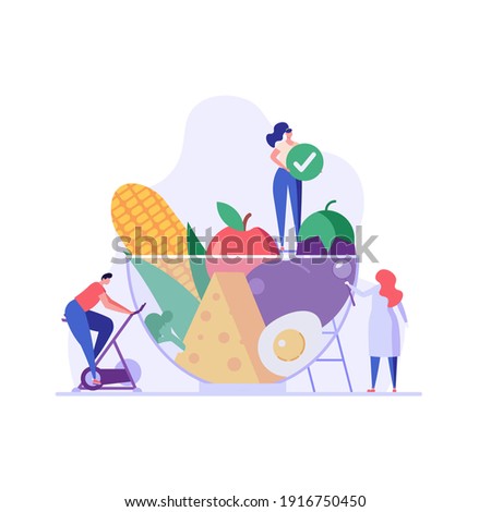 Diet plan illustration. People exercising and doing fitness. Doctor planning diet with vegetable. Concept of dietary eating, meal planning, nutrition consultation. Vector illustration for web design