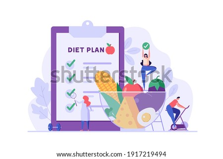 Diet plan illustration. People exercising and doing fitness. Doctor planning diet with vegetable. Concept of dietary eating, meal planning, nutrition consultation. Vector illustration for web design
