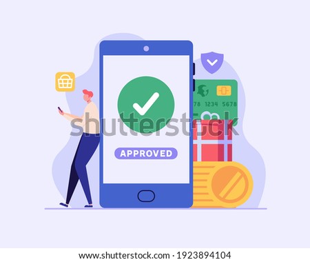 Man pays successfully and safely. Online mobile payment and banking service. Concept of payment approved, payment done, online shopping, money transfer. Vector illustration in flat design 