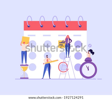 Planning schedule, business event and calendar concept. People with schedule, pen and notes organize meeting. Planning strategy and time management. Vector illustration in flat cartoon design