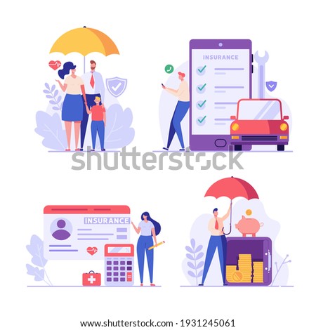 Insurance set vector. People protecting property and health. Health and family protection, Car and deposit insurance. Money guarantee. Vector illustration in flat design for web banner, mobile app
