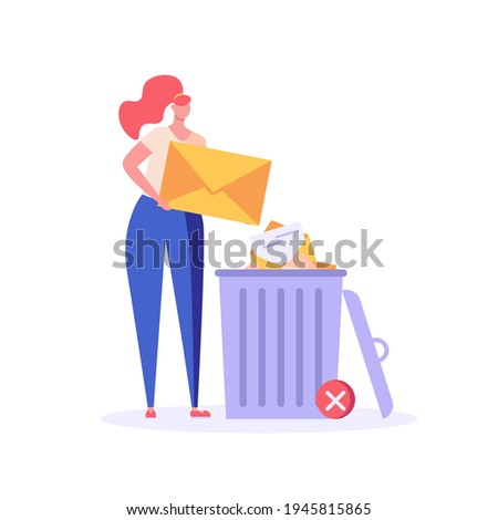 Woman standing with email or message and trash can. User deleting e-mail or spam to waste bin. Concept of delete files, cleaning email, remove spam. Flat vector illustration for UI and website