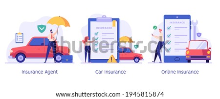 Car insurance vector illustration set. People protecting car with insurance and signing form with red auto. Concept of car insurance service, car accident, insurance agent for web design, ui