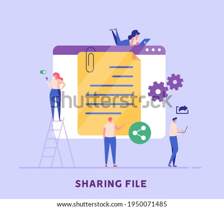 People send files for business. Concept of sharing file, data transfer, transfer of documentation, cloud service, file management, electronic document management. Vector illustration in flat design 
