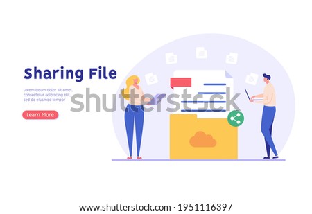 People send files for business. Concept of sharing file, data transfer, transfer of documentation, cloud service, file management, electronic document management. Vector illustration in flat design 