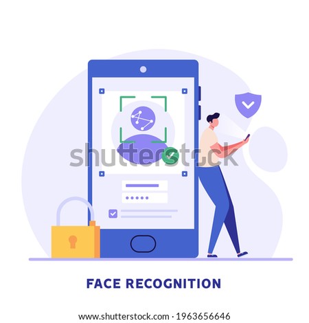 Man standing with a phone, identifies a face. Concept of facial recognition, face ID system, biometric identification. Vector Illustration in flat design for mobile app