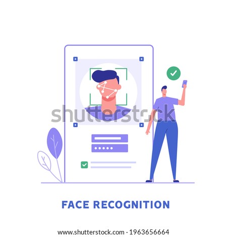 Man standing with a phone, identifies a face. Concept of facial recognition, face ID system, biometric identification. Vector Illustration in flat design for mobile app