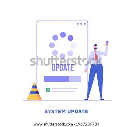 User updating operation system with progress bar. Software upgrade and installation program. Concept of system update, integration, software installation. Vector illustration for UI, mobile app