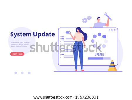 User updating operation system with progress bar. Software upgrade and installation program. Concept of system update, integration, software installation. Vector illustration for UI, mobile app