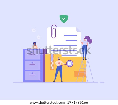 People standing next to a file storage box. Concept of document archive, data storage, safe storage, file archiving and organization, digital database. Vector illustration in flat design