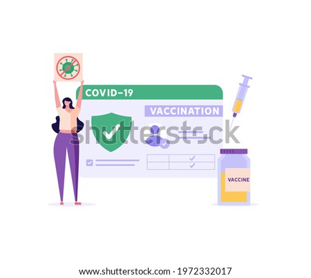Woman using health passport of vaccination for covid-19. Safe travel in pandemic. Concept of vaccination certificate, coronavirus vaccine, covid-19 id card app. Vector illustration for web design