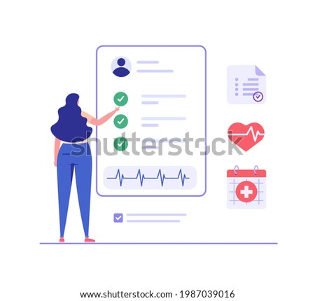 Health Check Up Concept Web Banner. Patient Examining or Checking her Health Online. Concept of Healthcare, Health Insurance, Medical Report. Vector illustration for Web Design