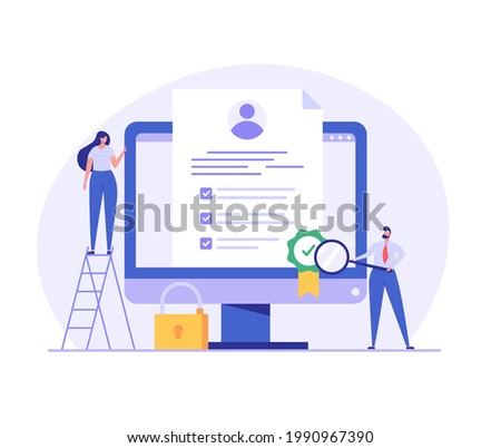 Terms and conditions concept. People signing document, protecting personal data, checking documents. Concept of account security, privacy policy, user agreement. Vector illustration in flat design