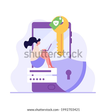 Data protection concept. Woman protecting personal data files with safe password on phone. Concept of Data security, shield and key, protecting information. Vector illustration in flat design for web