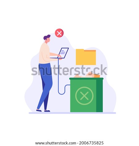Man deleting files from laptop to trash can. User removing folder with document to waste bin. Concept of delete file, cleaning computer, removing process. Flat vector illustration for UI, website
