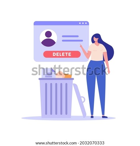 Woman standing with account or profile and trash can. User deleting social account to waste bin. Concept of delete profile, account deactivation, remove data files or page. Flat vector illustration