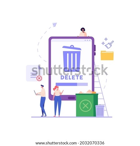 People cleaning phone, smartphone with trash can sign. User removing files or documents to waste bin. Concept of delete file, cleaning smartphone, removing process. Flat vector illustration for UI