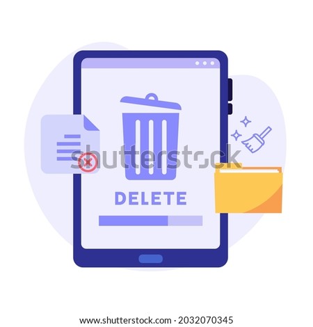 Cleaning phone, smartphone with trash can sign. Removing files or documents to waste bin. Concept of delete file, cleaning smartphone, removing process. Flat vector illustration for UI