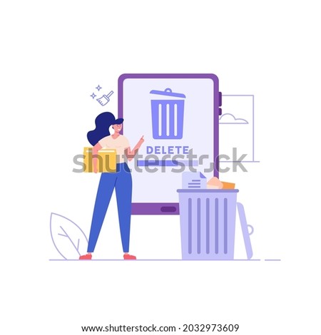 Woman cleaning phone, smartphone with trash can sign. User removing files or documents to waste bin. Concept of delete file, cleaning smartphone, removing process. Flat vector illustration for UI