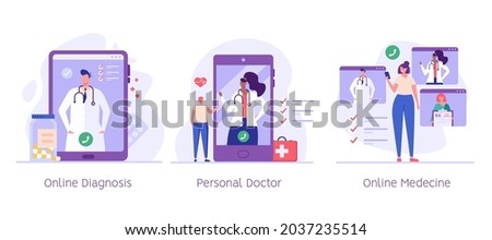 People receiving online health advice. Concept of online medicine, online diagnosis, personal doctor, health care, healthy life, convenience, ease of use. Vector illustration in flat design