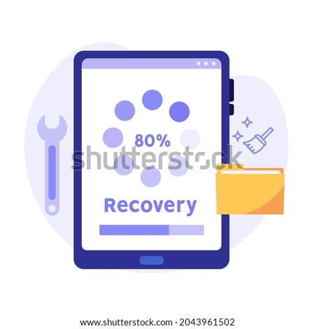 HDD repairing icon. Restoration process. Data recovery, data storage backup, hardware disk repair service. Vector illustration in flat cartoon design