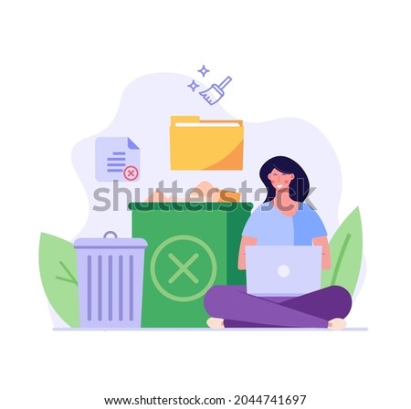 Woman cleaning data files with trash can sign. User removing files or documents to waste bin. Concept of delete file, cleaning smartphone, removing process. Flat vector illustration for UI