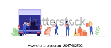 Moving service. People moving in new house or apartment. Delivery truck with cardboard boxes for home stuff. Movers moving in new home. We’re moving concept. Vector illustration