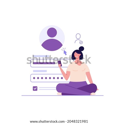 Woman creating new account with login and secure password. Registration user interface. Users register online. Concept of online registration, sign in, sign up. Vector illustration in flat for app, UI