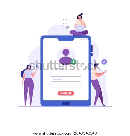 People creating new account with login and secure password. Registration interface. Users register online. Concept of online registration, sign in, sign up. Vector illustration in flat for app, UI