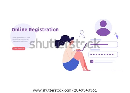 Woman creating new account with login and secure password. Registration user interface. Users register online. Concept of online registration, sign in, sign up. Vector illustration in flat for app, UI