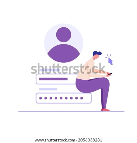 Man creating new account with login and secure password. Registration user interface. Users register online. Concept of online registration, sign in, sign up. Vector illustration in flat for app, UI