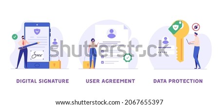 Digital signature, data protection, terms and conditions set. Businessmen signing contract with e-signature. Cyber specialist protects files with safe password. User accepts privacy policy agreement