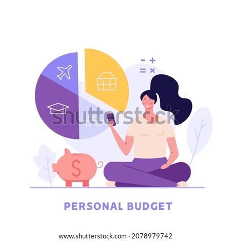Woman forms the family budget, divides the items of expenditure. Concept of budget, finance control, date, finance, personal budget, family money. Vector illustration in flat design