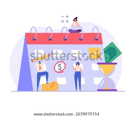 People are standing near to a calendar with a due date. Concept of payment date, finance calendar, financial stability, pay day, success. Vector illustration in flat design