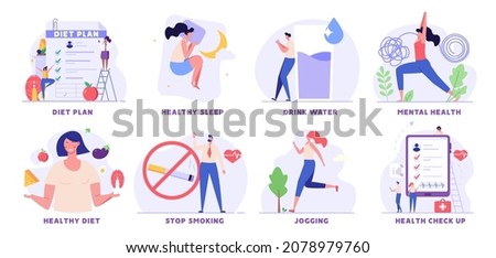 People with healthy habits. Physical and mental wellness set. Women doing yoga exercises, planning diet and meditating. Collection of healthy sleep, stop smoking, drink water, morning running Photo stock © 