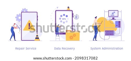 Repairman fixing phone using maintenance with warning sign. IT service controlling phone system and mobile app. System administrator connecting to network. Set of vector illustrations for web design