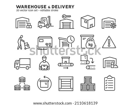 Warehouse and delivery line icons set. Warehouse worker, delivery van, food and cold warehouses. Warehouse exterior, global logistic industry, delivery service flat outline icons. Editable stroke