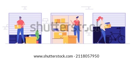 Neighbors keeping personal items in rental self-storage units. Man and women holding boxes. Concept of self storage unit, small mini warehouse, rental garage. Vector illustration in flat design