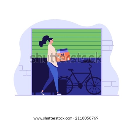 Woman carrying personal items to rental self-storage unit. Girl walk keeping bicycle in garage. Concept of self storage unit, small mini warehouse, rental garage. Vector illustration in flat design